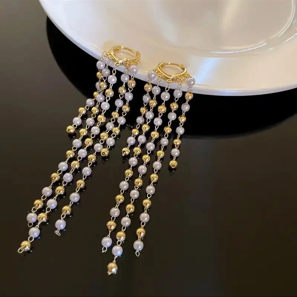 Long Gold and White Pearl Tassels Earrings - Picture 3 of 7